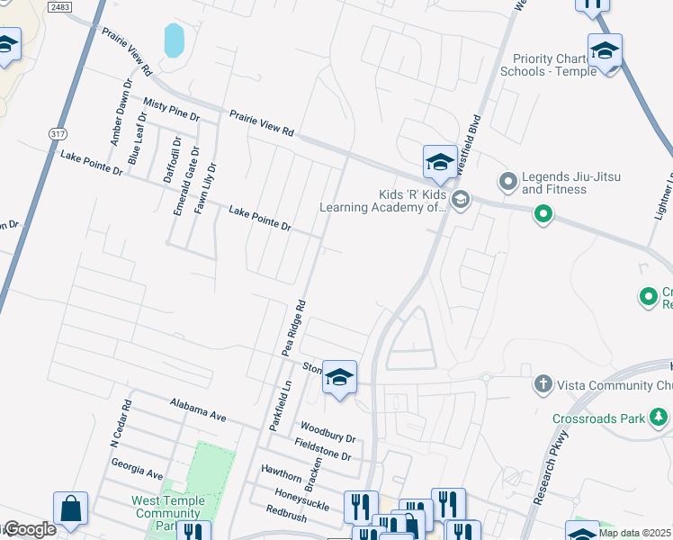 map of restaurants, bars, coffee shops, grocery stores, and more near 1211 North Pea Ridge Road in Temple