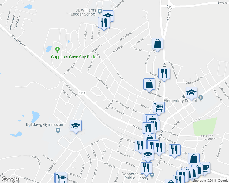 map of restaurants, bars, coffee shops, grocery stores, and more near 603 North 11th Street in Copperas Cove