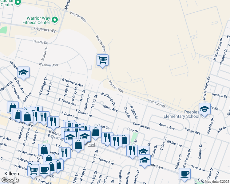 map of restaurants, bars, coffee shops, grocery stores, and more near 801 Pecan Circle in Killeen