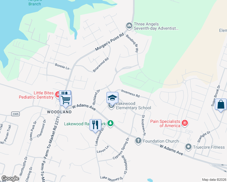 map of restaurants, bars, coffee shops, grocery stores, and more near 11218 Inverness Road in Belton