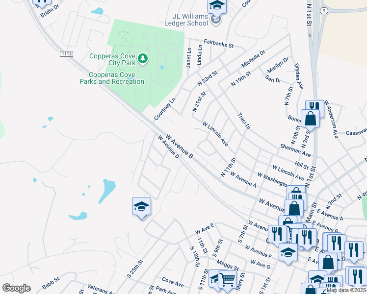 map of restaurants, bars, coffee shops, grocery stores, and more near 906 West Avenue B in Copperas Cove