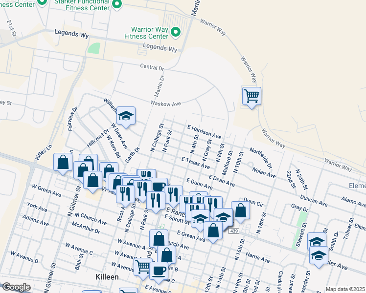 map of restaurants, bars, coffee shops, grocery stores, and more near 1602 North 2nd Street in Killeen