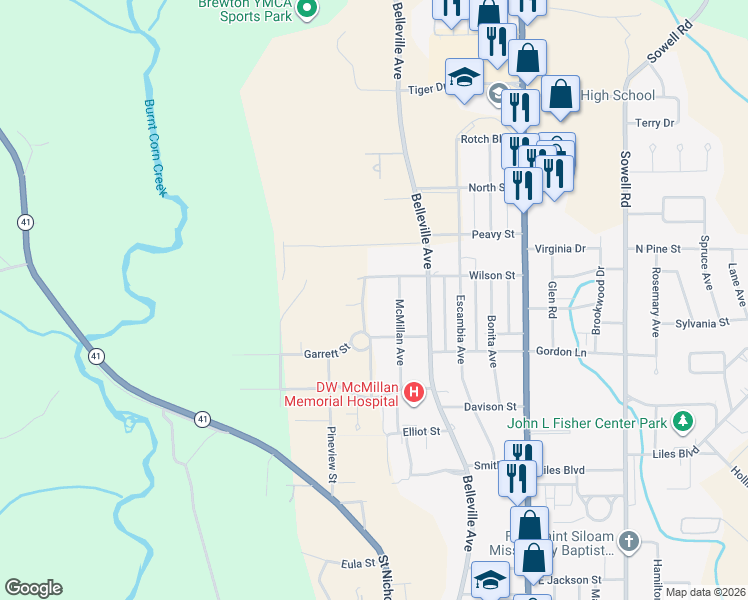 map of restaurants, bars, coffee shops, grocery stores, and more near 1510 Poplar Avenue in Brewton