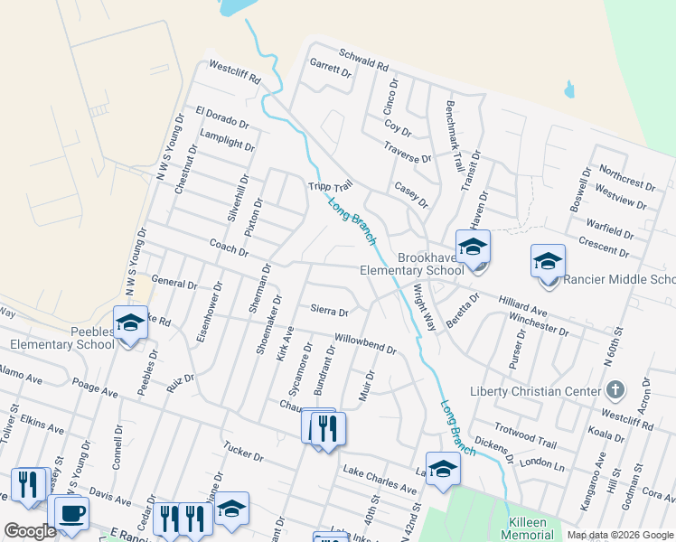 map of restaurants, bars, coffee shops, grocery stores, and more near 2804 Persimmon Drive in Killeen