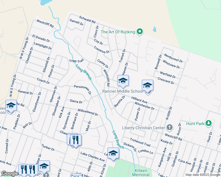 map of restaurants, bars, coffee shops, grocery stores, and more near 3204 Raven Drive in Killeen