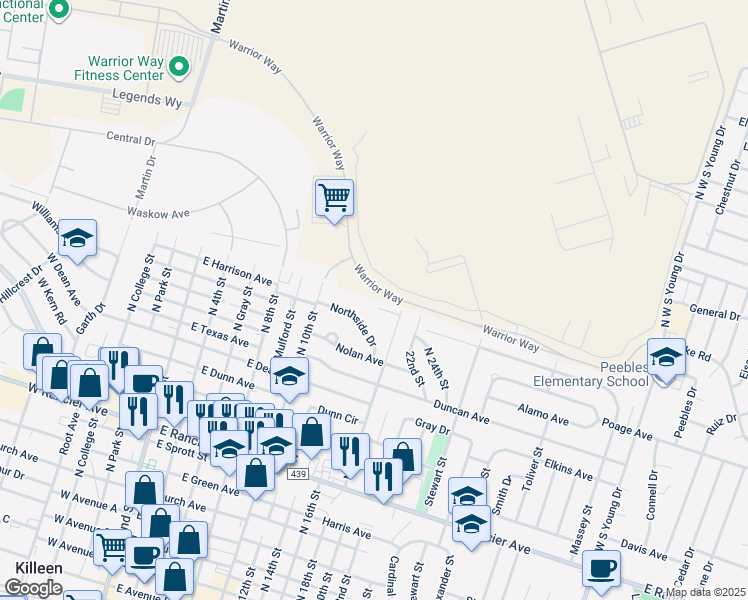 map of restaurants, bars, coffee shops, grocery stores, and more near 800 Pecan Circle in Killeen
