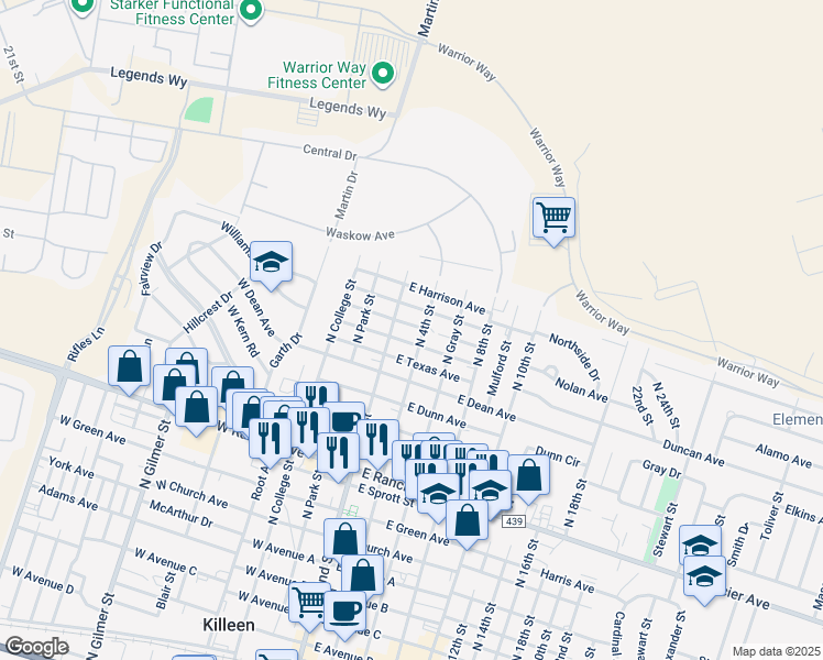map of restaurants, bars, coffee shops, grocery stores, and more near 1602 North 2nd Street in Killeen