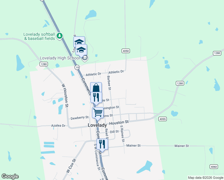map of restaurants, bars, coffee shops, grocery stores, and more near 550 Barbee Street in Lovelady