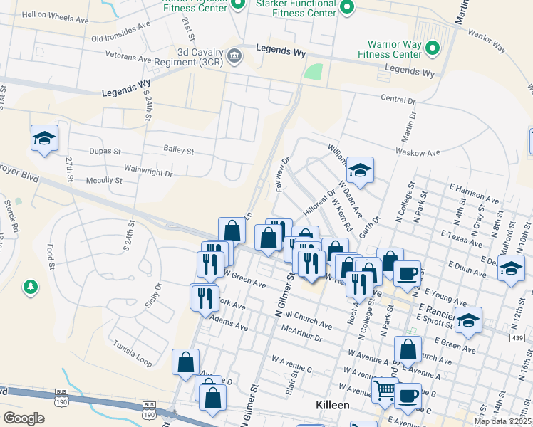map of restaurants, bars, coffee shops, grocery stores, and more near 906 Evetts Road in Killeen