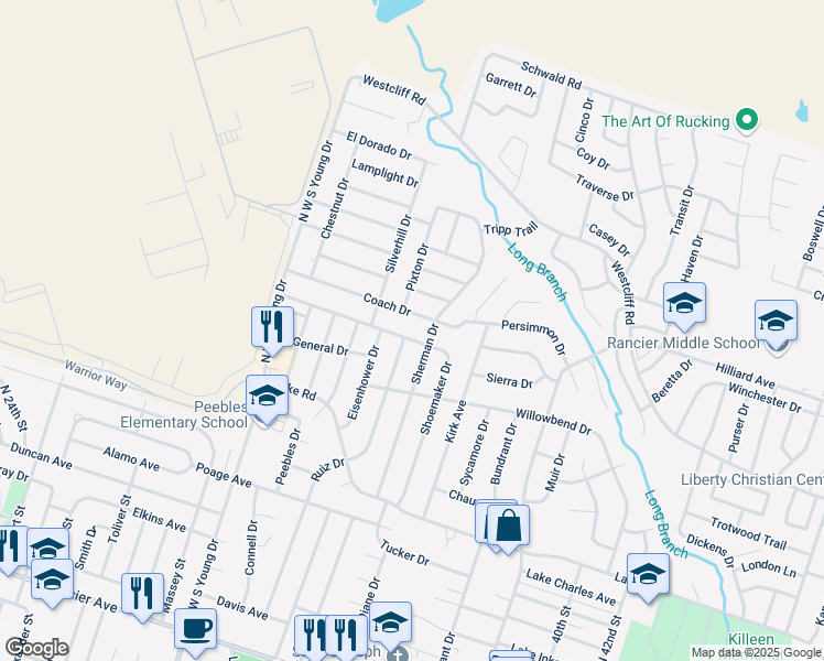 map of restaurants, bars, coffee shops, grocery stores, and more near 2110 Shoemaker Drive in Killeen