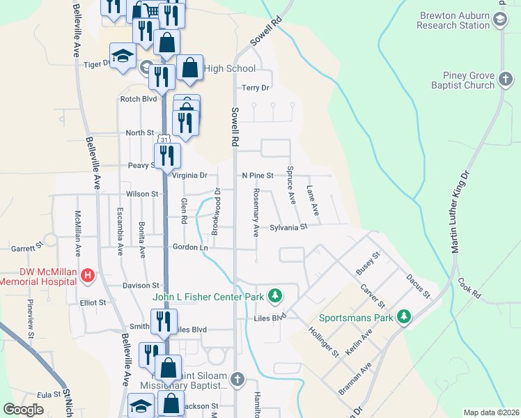 map of restaurants, bars, coffee shops, grocery stores, and more near 111 Rosemary Ave in Brewton