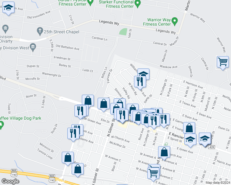 map of restaurants, bars, coffee shops, grocery stores, and more near 1208 Hillcrest Drive in Killeen