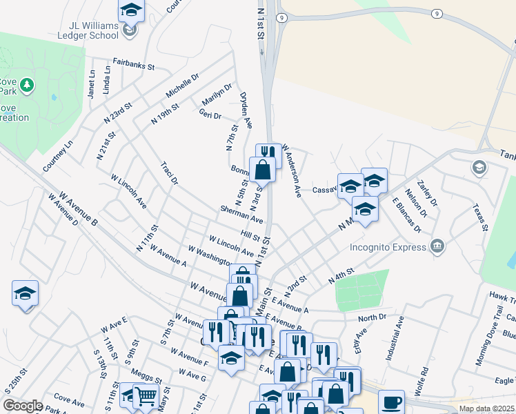 map of restaurants, bars, coffee shops, grocery stores, and more near 806 North 3rd Street in Copperas Cove