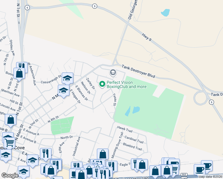 map of restaurants, bars, coffee shops, grocery stores, and more near 101 Eichelberger Drive in Copperas Cove