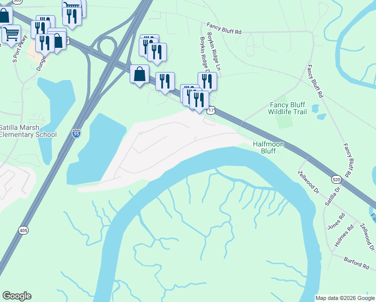 map of restaurants, bars, coffee shops, grocery stores, and more near 152 Royal Drive in Brunswick
