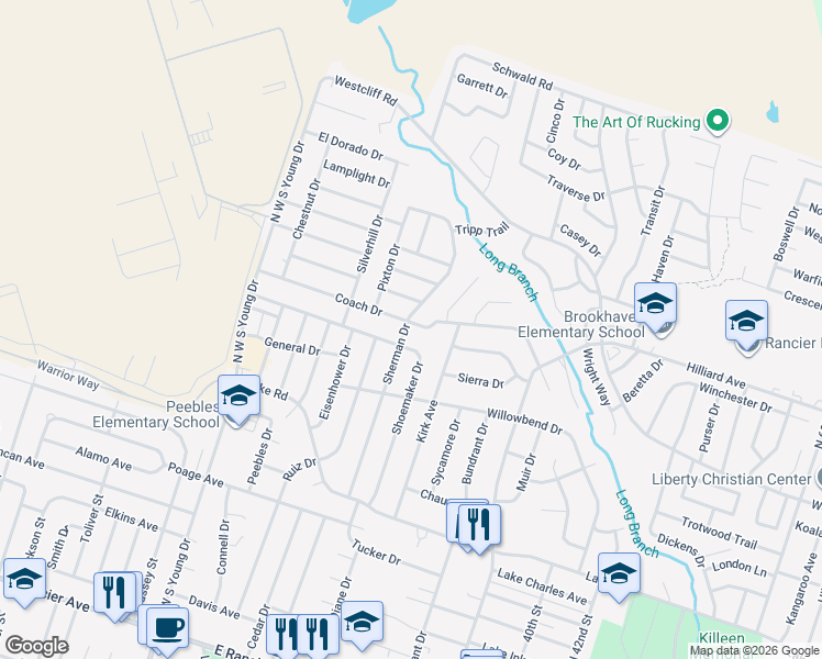 map of restaurants, bars, coffee shops, grocery stores, and more near 2602 Coach Drive in Killeen
