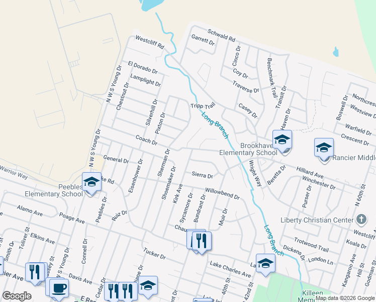 map of restaurants, bars, coffee shops, grocery stores, and more near 2201 Kirk Avenue in Killeen