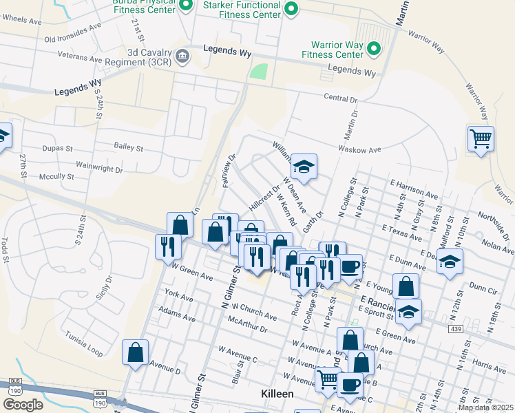 map of restaurants, bars, coffee shops, grocery stores, and more near 712 Valley Road in Killeen