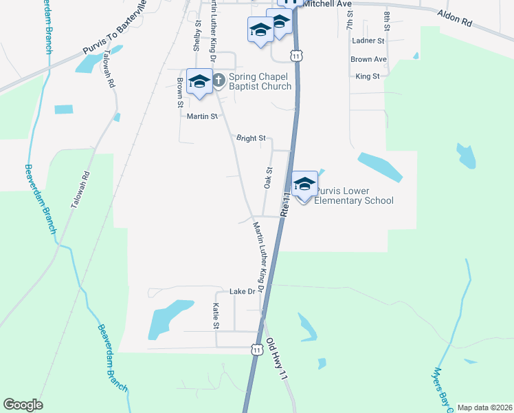 map of restaurants, bars, coffee shops, grocery stores, and more near 4-3969 Oak Street in Purvis