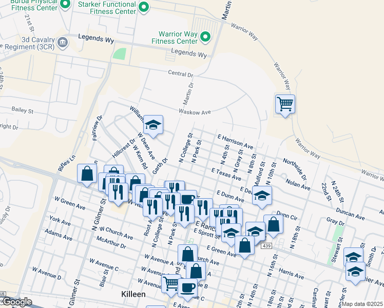map of restaurants, bars, coffee shops, grocery stores, and more near 1510 North Park Street in Killeen