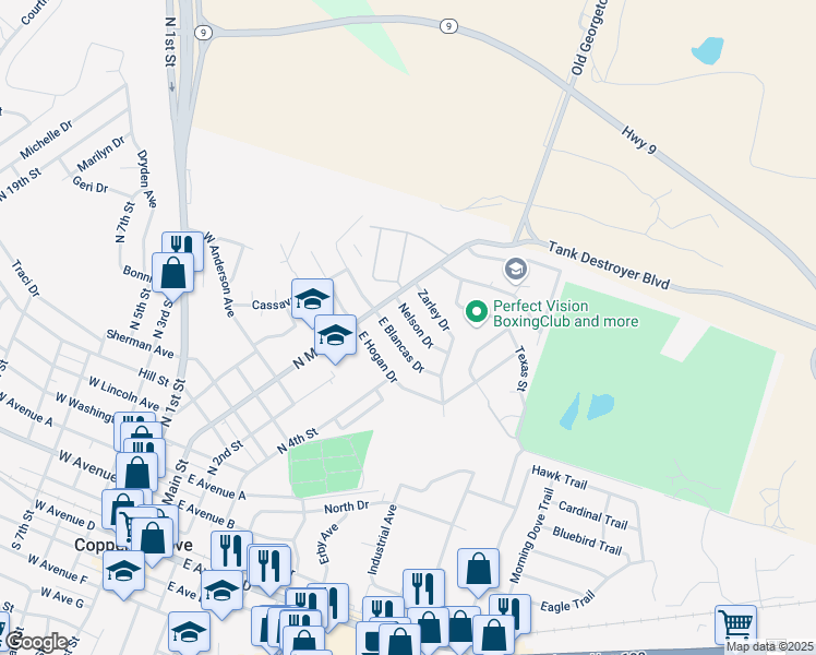 map of restaurants, bars, coffee shops, grocery stores, and more near 110 East Blancas Drive in Copperas Cove