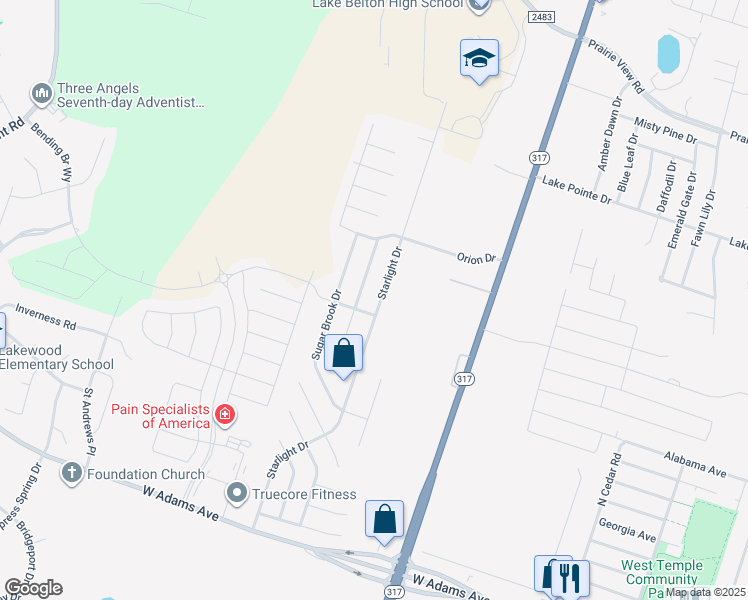 map of restaurants, bars, coffee shops, grocery stores, and more near 922 Starlight Drive in Temple
