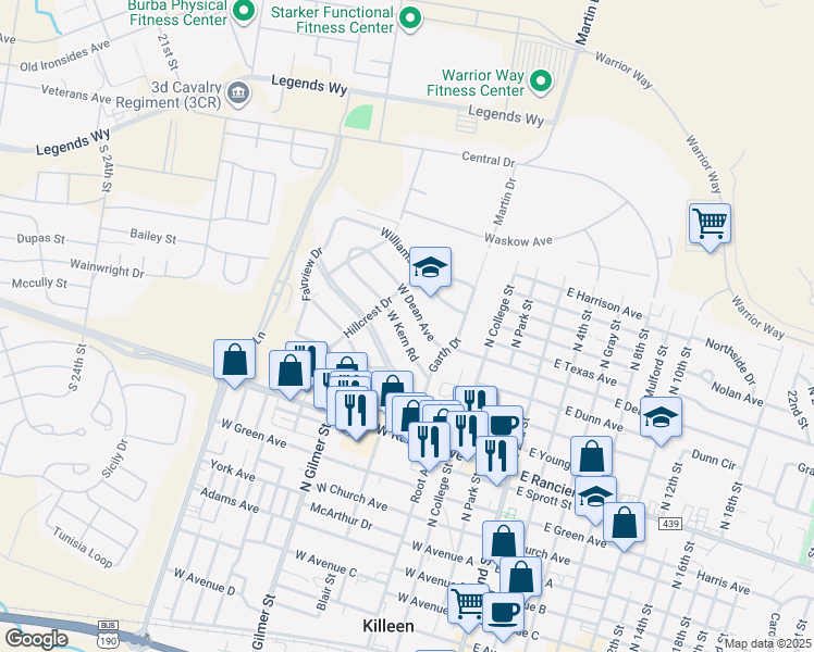 map of restaurants, bars, coffee shops, grocery stores, and more near 603 West Kern Road in Killeen