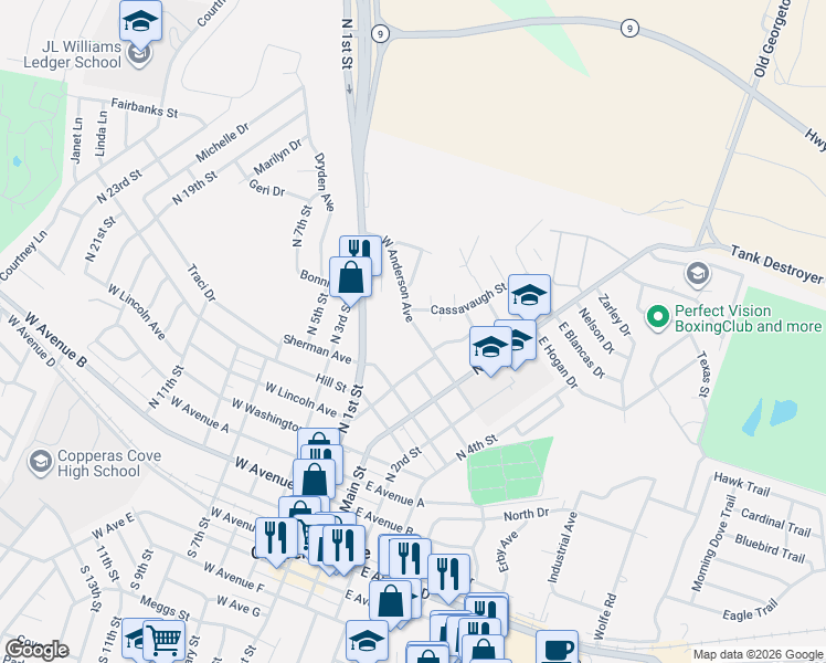 map of restaurants, bars, coffee shops, grocery stores, and more near 207 West Anderson Avenue in Copperas Cove