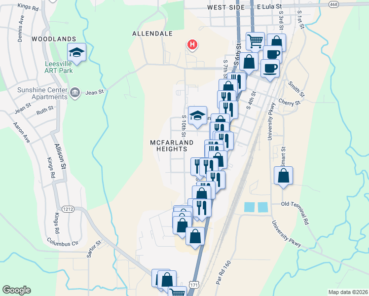 map of restaurants, bars, coffee shops, grocery stores, and more near 1301 South 10th Street in Leesville