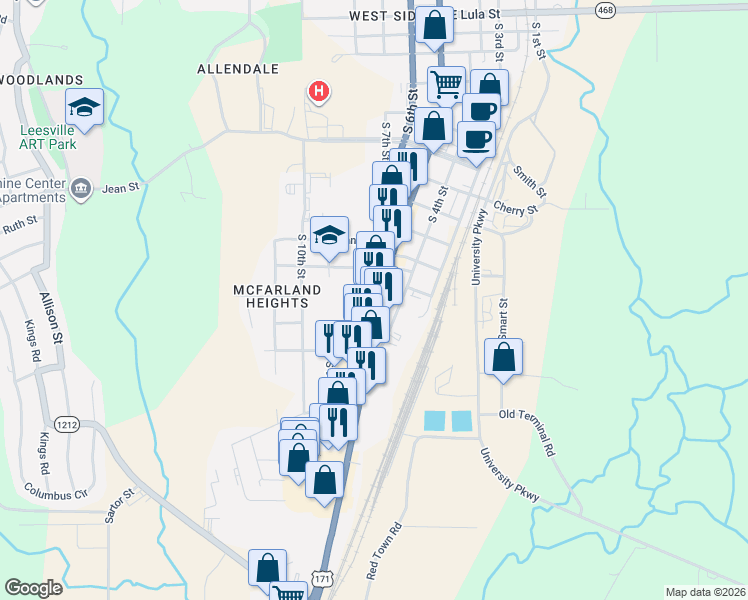 map of restaurants, bars, coffee shops, grocery stores, and more near 1208 South 5th Street in Leesville