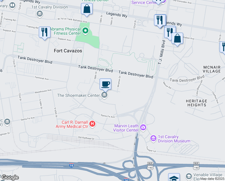 map of restaurants, bars, coffee shops, grocery stores, and more near Darnall Loop in Fort Hood
