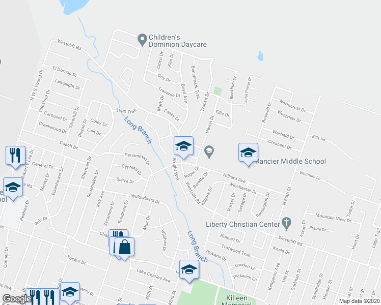 map of restaurants, bars, coffee shops, grocery stores, and more near 3204 Raven Drive in Killeen