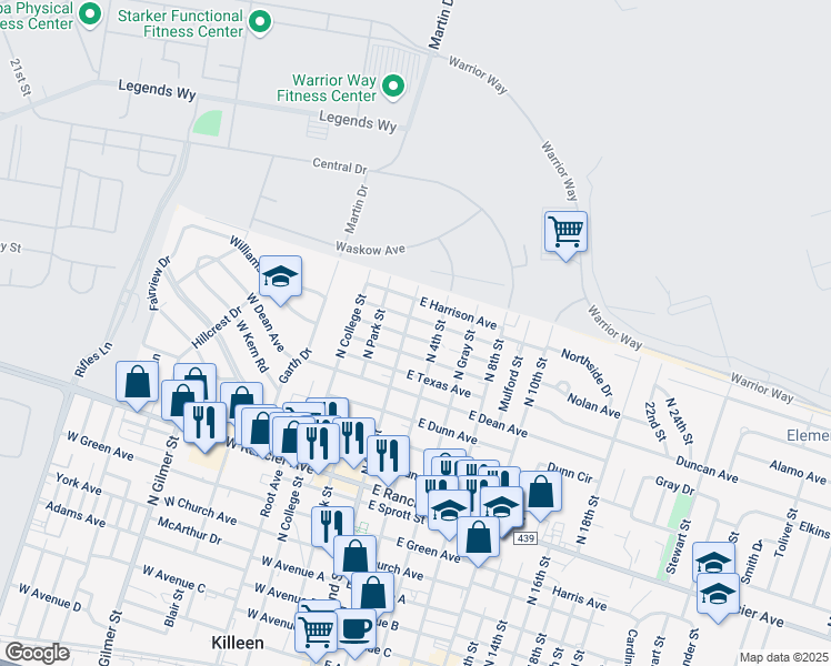 map of restaurants, bars, coffee shops, grocery stores, and more near 1602 North 2nd Street in Killeen