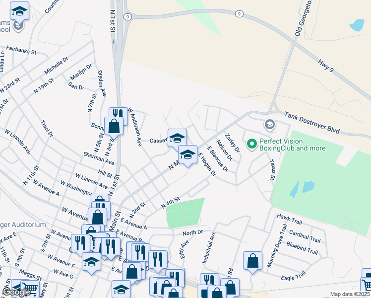 map of restaurants, bars, coffee shops, grocery stores, and more near 1115 North Main Street in Copperas Cove