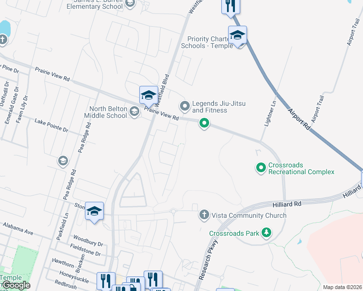 map of restaurants, bars, coffee shops, grocery stores, and more near 1221 Aurora Grove Bend in Temple