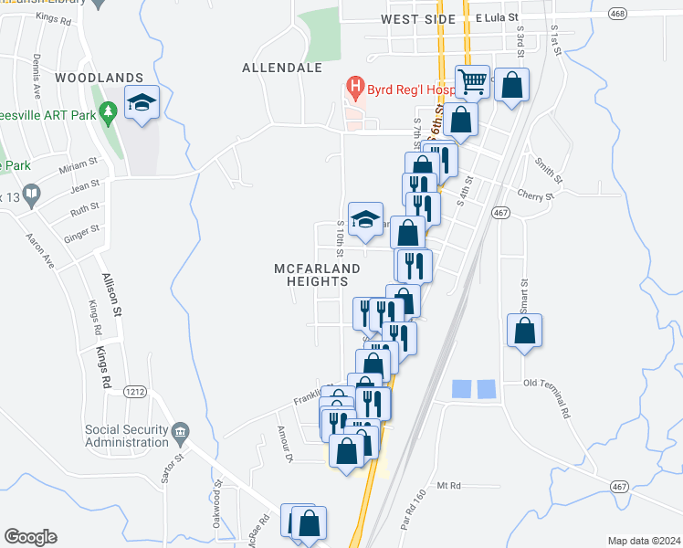 map of restaurants, bars, coffee shops, grocery stores, and more near 1312 South 10th Street in Leesville