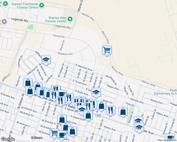 map of restaurants, bars, coffee shops, grocery stores, and more near 1707 North 8th Street in Killeen