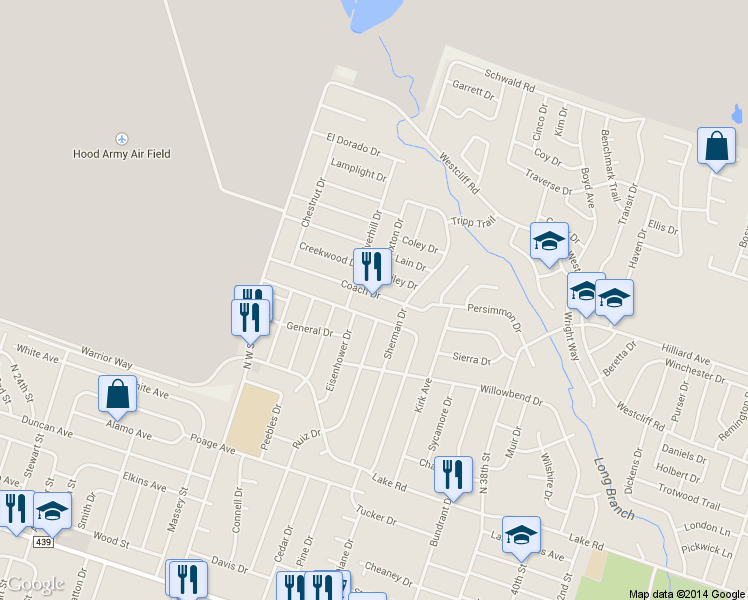 map of restaurants, bars, coffee shops, grocery stores, and more near 2406 Coach Drive in Killeen