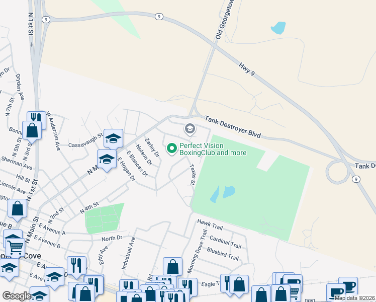 map of restaurants, bars, coffee shops, grocery stores, and more near 101 Eichelberger Drive in Copperas Cove