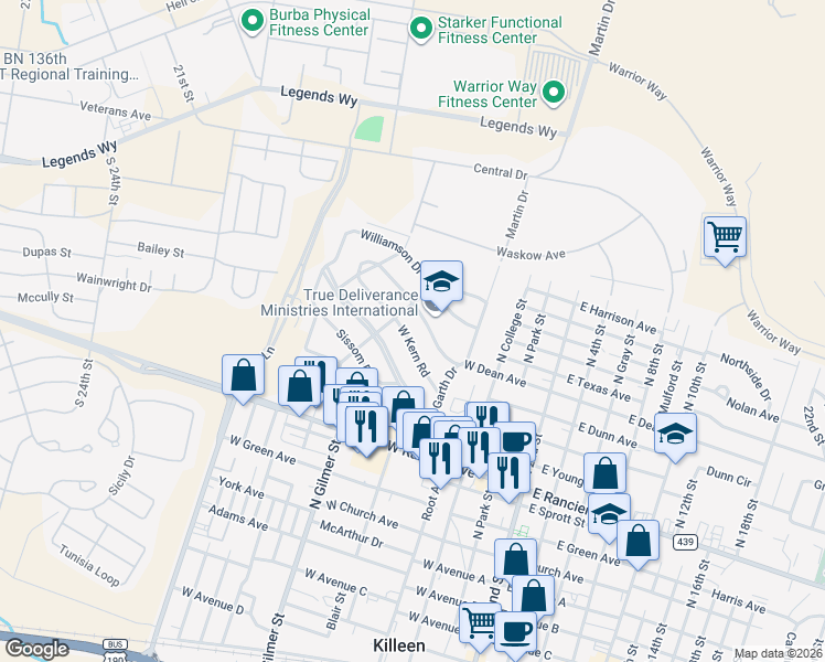 map of restaurants, bars, coffee shops, grocery stores, and more near 603 West Kern Road in Killeen