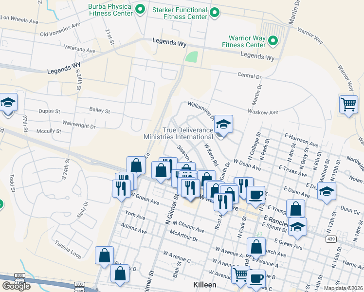 map of restaurants, bars, coffee shops, grocery stores, and more near 1208 Hillcrest Drive in Killeen