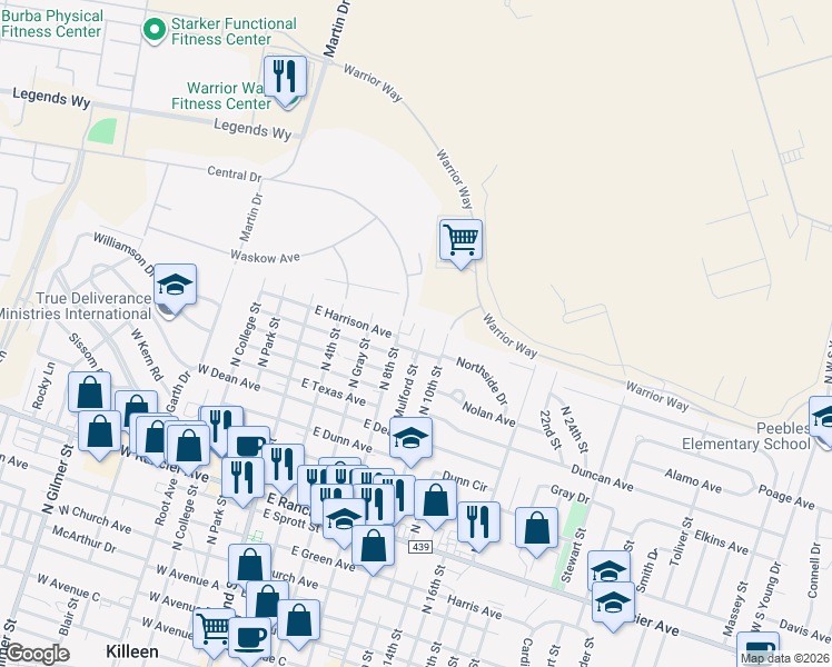 map of restaurants, bars, coffee shops, grocery stores, and more near 1807 Mulford Street in Killeen