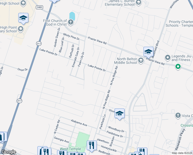 map of restaurants, bars, coffee shops, grocery stores, and more near 1125 Iron Glen Drive in Temple