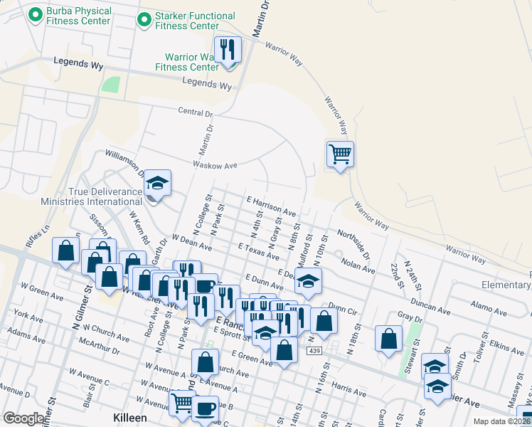 map of restaurants, bars, coffee shops, grocery stores, and more near 1901 North 4th Street in Killeen