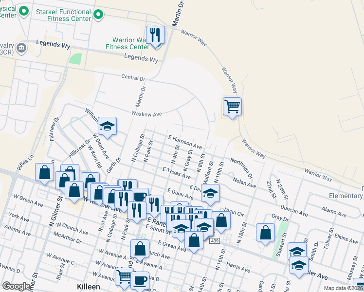 map of restaurants, bars, coffee shops, grocery stores, and more near 1901 North 4th Street in Killeen