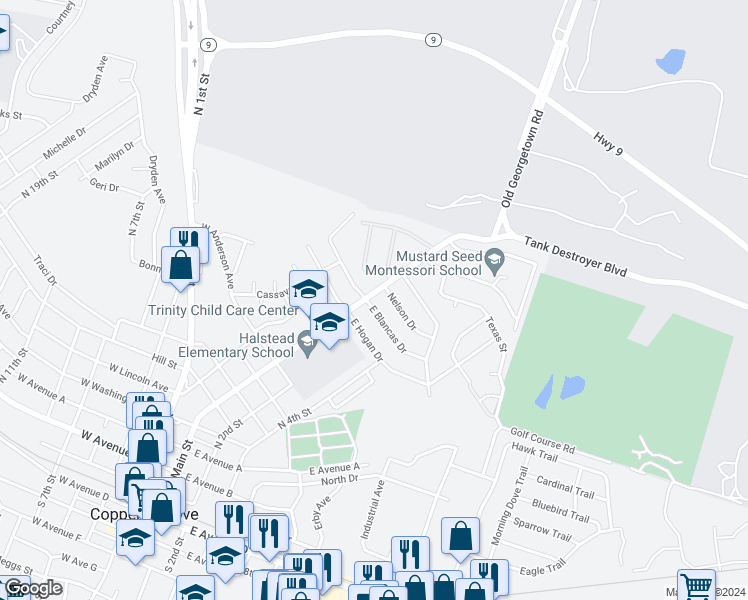 map of restaurants, bars, coffee shops, grocery stores, and more near 101 East Blancas Drive in Copperas Cove
