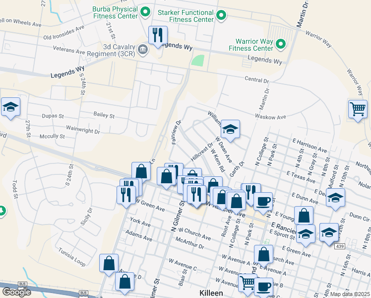 map of restaurants, bars, coffee shops, grocery stores, and more near 906 Valley Road in Killeen