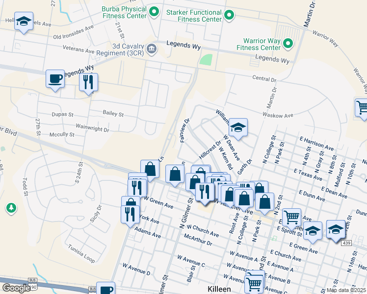 map of restaurants, bars, coffee shops, grocery stores, and more near 909 Sissom Road in Killeen