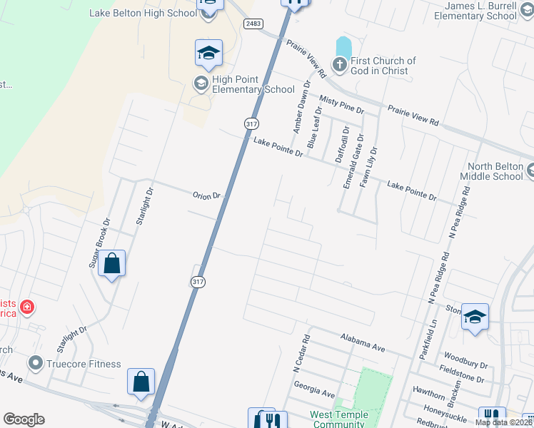 map of restaurants, bars, coffee shops, grocery stores, and more near 9303 Lake Pointe Drive in Temple