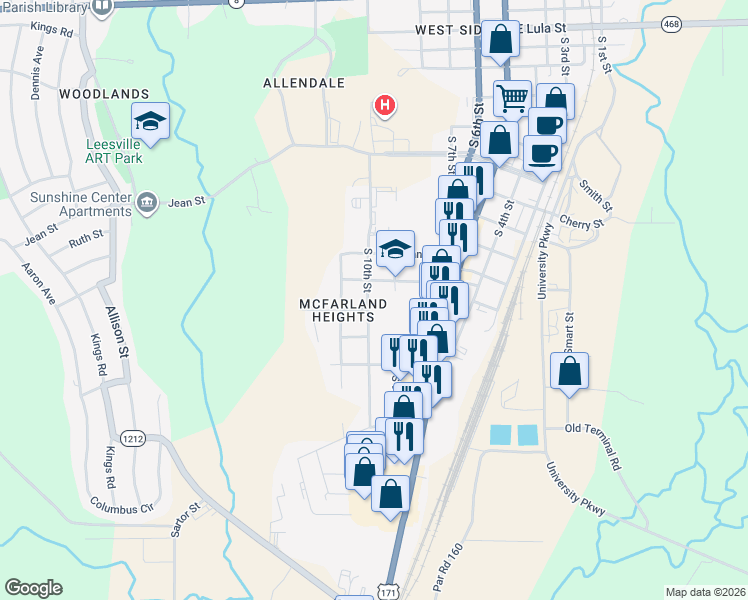 map of restaurants, bars, coffee shops, grocery stores, and more near 1202 South 10th Street in Leesville